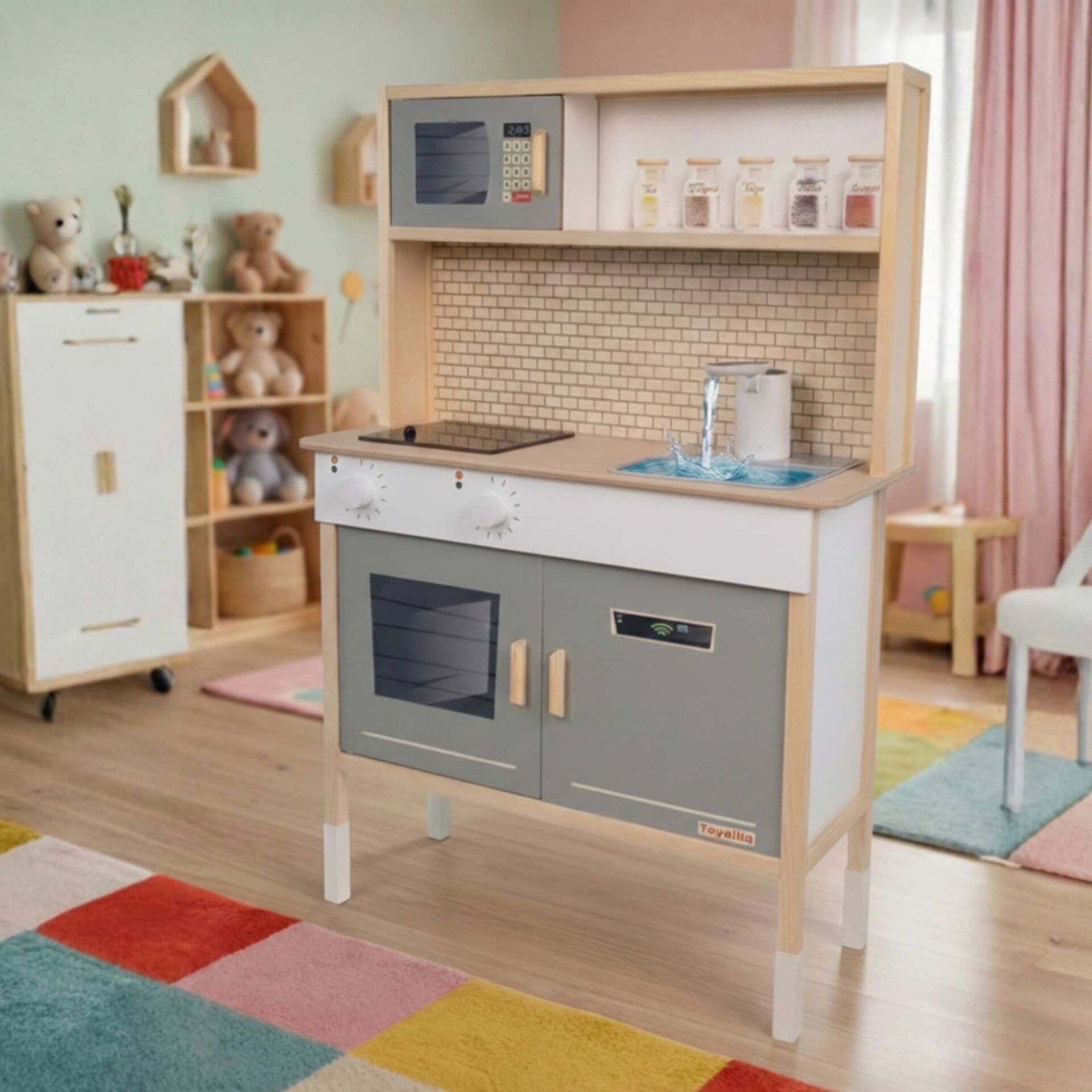 Musluktan Su Akan Ve Led'li Ahşap Çocuk Mutfak Seti T1030