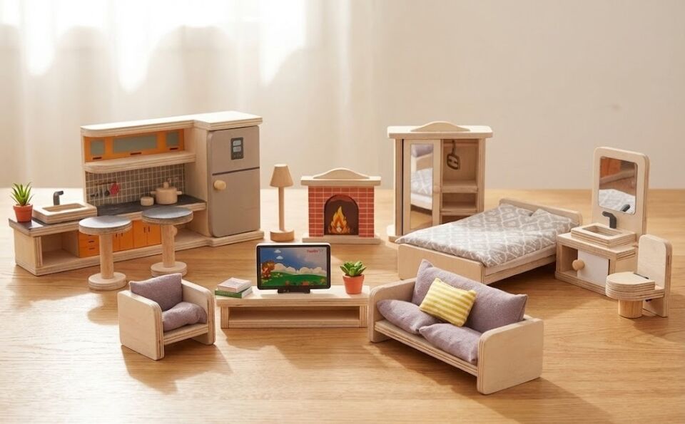 Ahşap Oyuncak Ev - Doğal ve Eğitici Oyun Köşesi ''Eşyalar dahil'' T2017