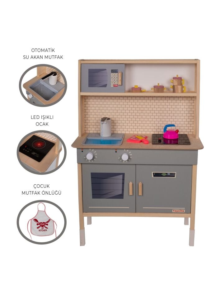 Musluktan Su Akan Ve Led'li Ahşap Çocuk Mutfak Seti T1030