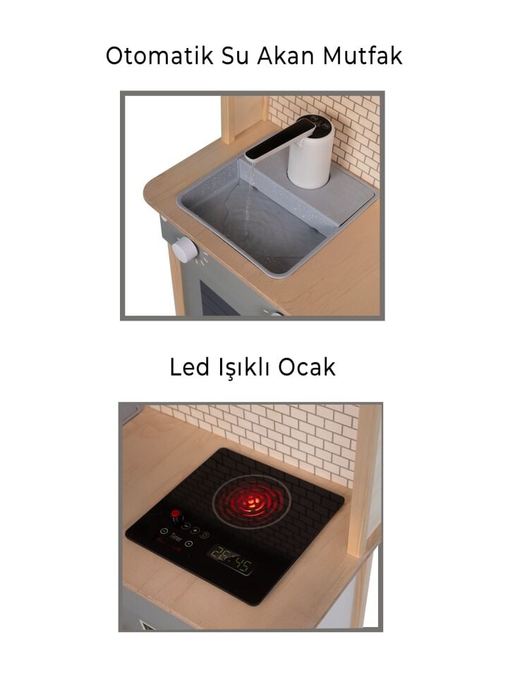 Musluktan Su Akan Ve Led'li Ahşap Çocuk Mutfak Seti T1030