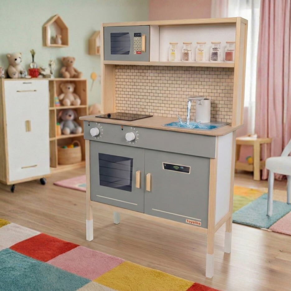 Musluktan Su Akan Ve Led'li Ahşap Çocuk Mutfak Seti T1030