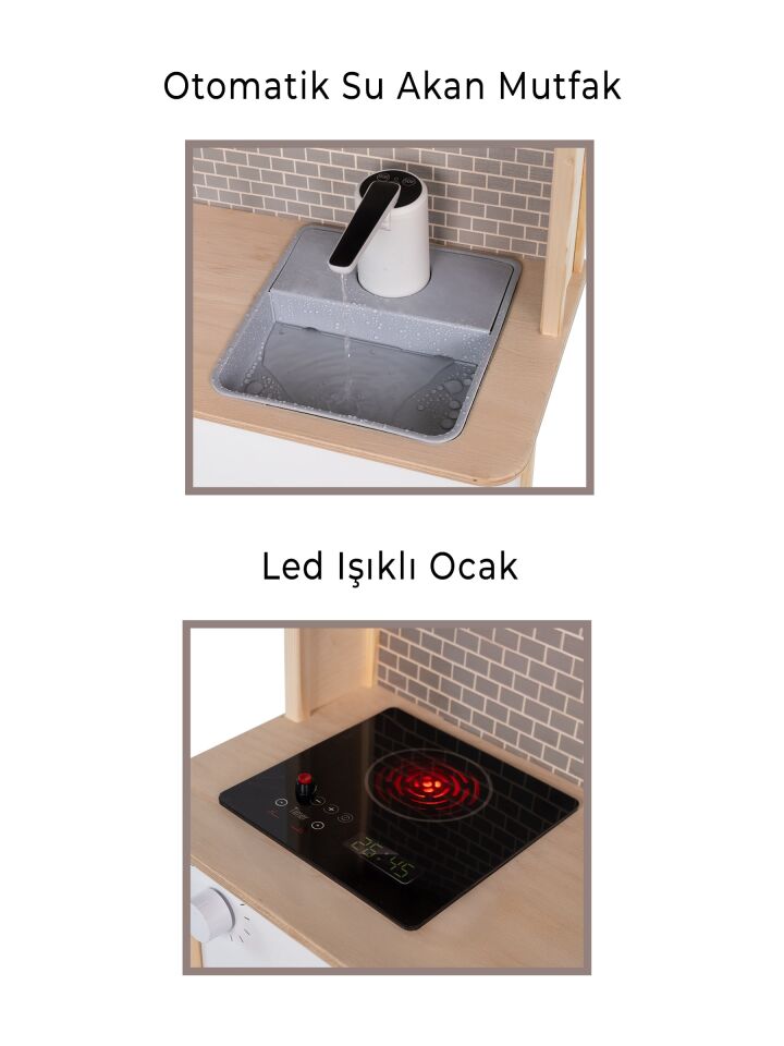 Musluktan Su Akan ve LED'li Ahşap Çocuk Mutfak Seti - T1026