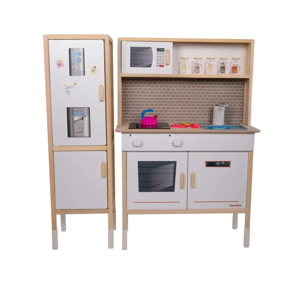 T1037 Ahşap Buzdolaplı Sulu Mutfak Seti - Beyaz | LED'li Ocağı & Çalışan Musluğu ile birlikte