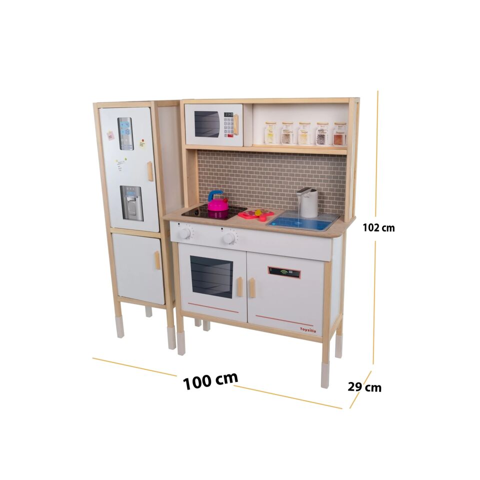 T1037 Ahşap Buzdolaplı Sulu Mutfak Seti - Beyaz | LED'li Ocağı & Çalışan Musluğu ile birlikte
