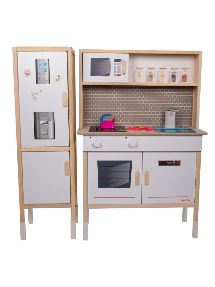 T1037 Ahşap Buzdolaplı Sulu Mutfak Seti - Beyaz | LED'li Ocağı & Çalışan Musluğu ile birlikte