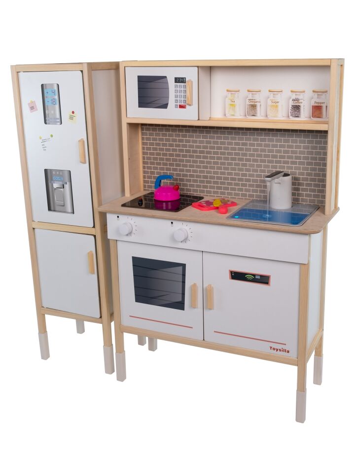 T1037 Ahşap Buzdolaplı Sulu Mutfak Seti - Beyaz | LED'li Ocağı & Çalışan Musluğu ile birlikte