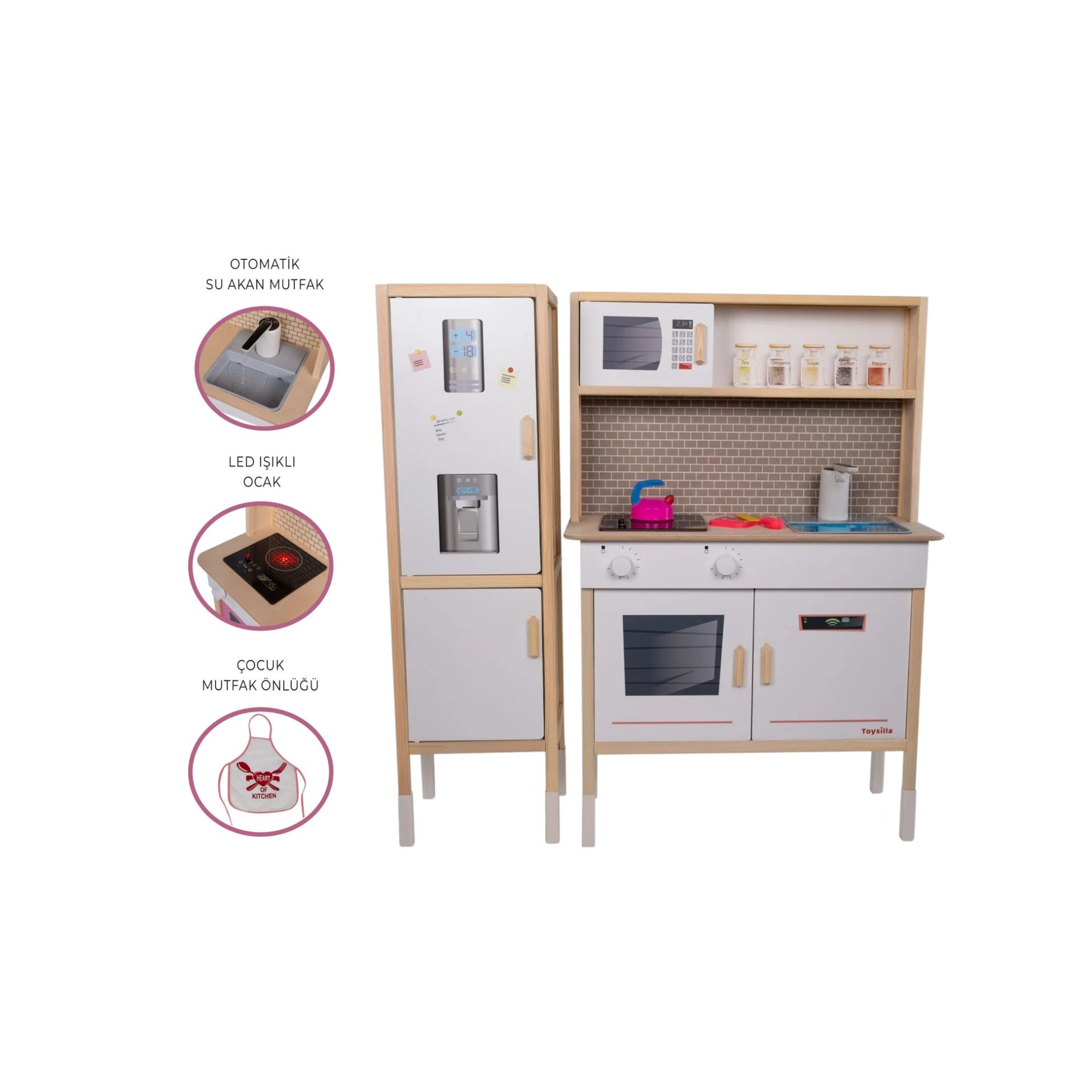 T1037 Ahşap Buzdolaplı Sulu Mutfak Seti - Beyaz | LED'li Ocağı & Çalışan Musluğu ile birlikte