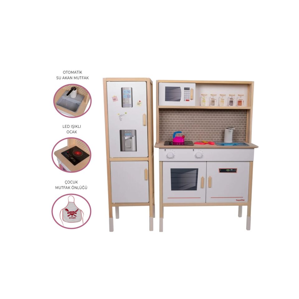 T1037 Ahşap Buzdolaplı Sulu Mutfak Seti - Beyaz | LED'li Ocağı & Çalışan Musluğu ile birlikte