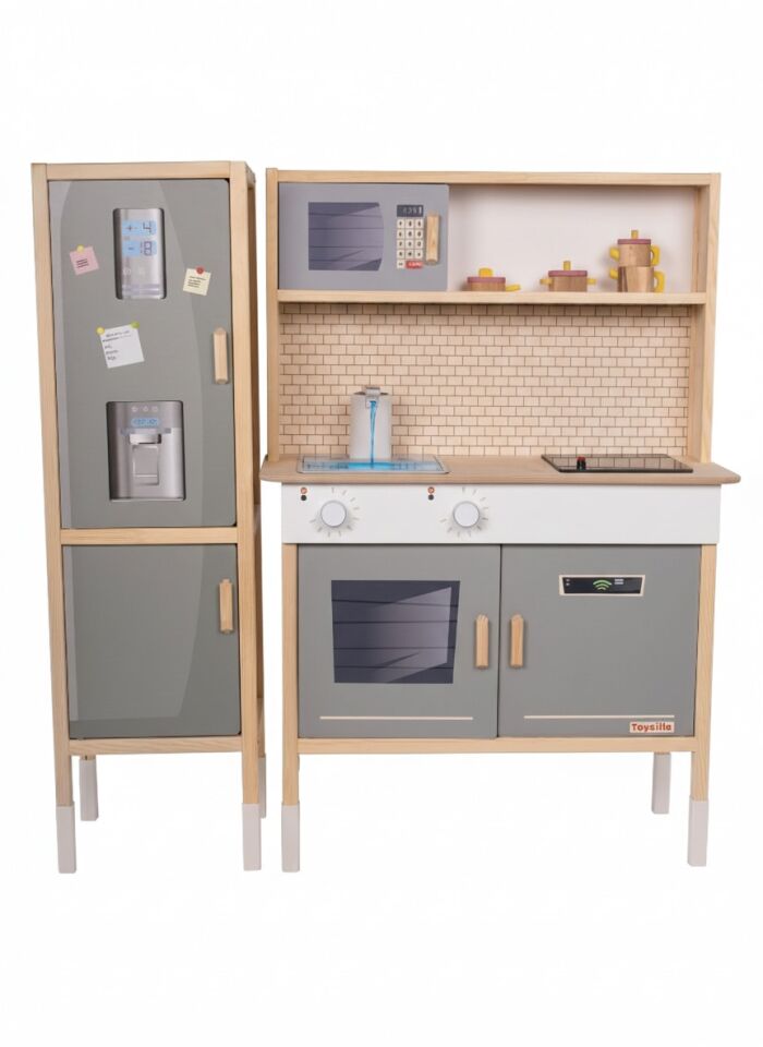 T1038 Ahşap Buzdolaplı Sulu Mutfak Seti - Yeşil | LED'li Ocağı & Çalışan Musluğu ile birlikte