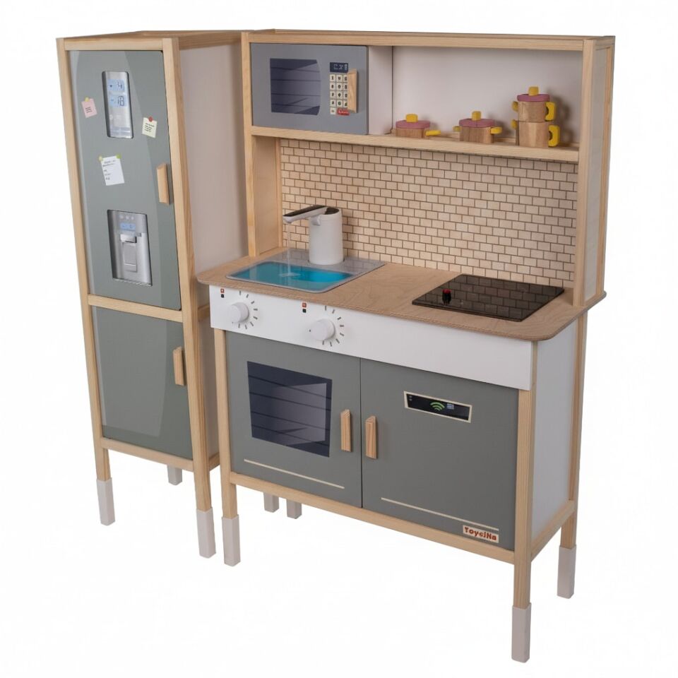 T1038 Ahşap Buzdolaplı Sulu Mutfak Seti - Yeşil | LED'li Ocağı & Çalışan Musluğu ile birlikte