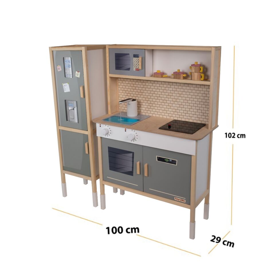 T1038 Ahşap Buzdolaplı Sulu Mutfak Seti - Yeşil | LED'li Ocağı & Çalışan Musluğu ile birlikte