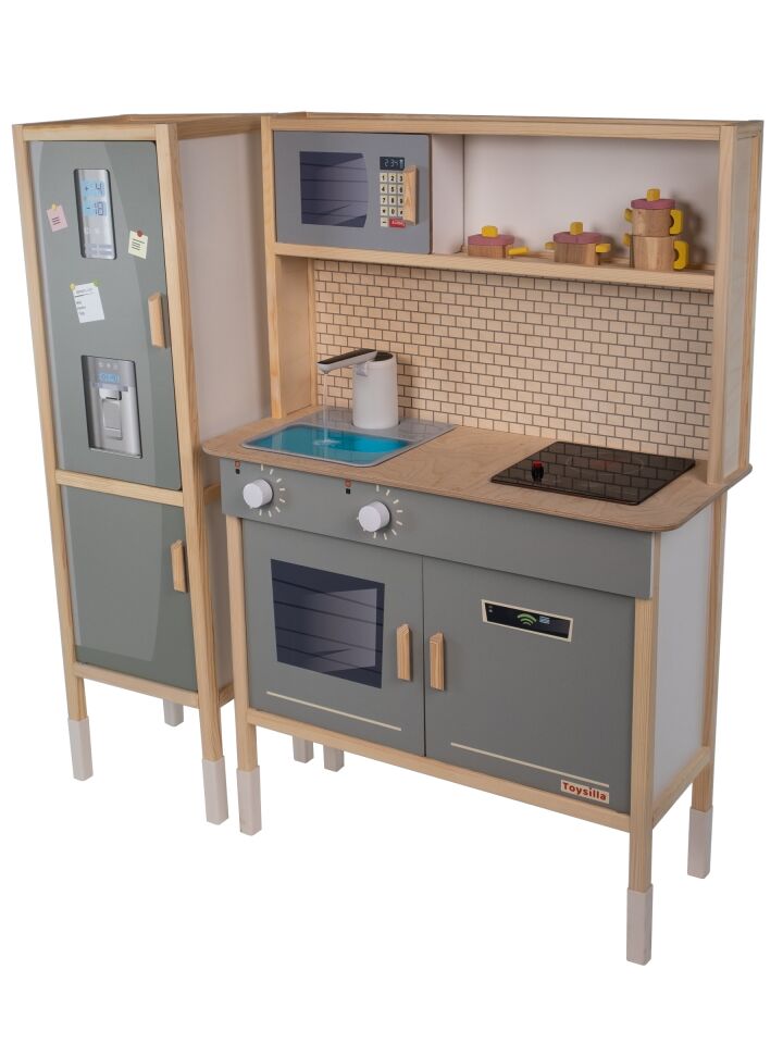 T1038 Ahşap Buzdolaplı Sulu Mutfak Seti - Yeşil | LED'li Ocağı & Çalışan Musluğu ile birlikte