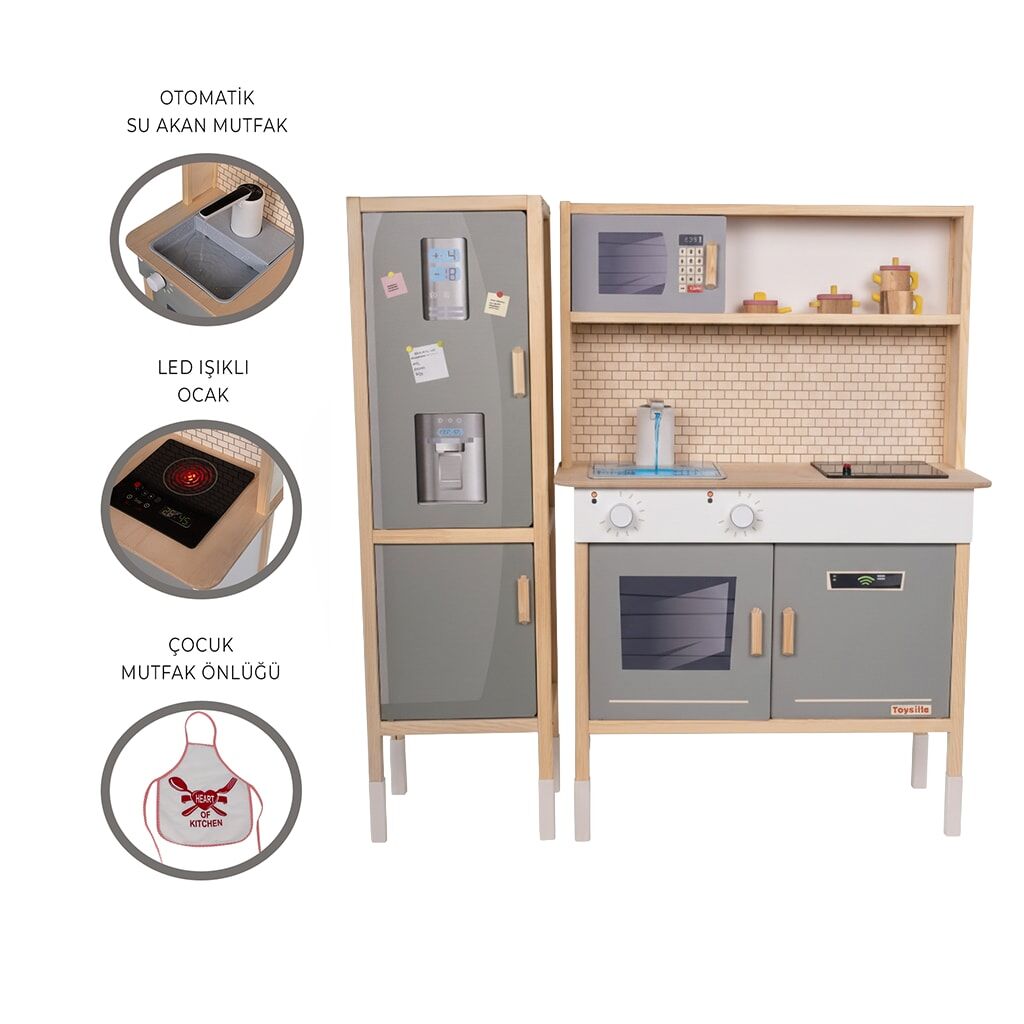 T1038 Ahşap Buzdolaplı Sulu Mutfak Seti - Yeşil | LED'li Ocağı & Çalışan Musluğu ile birlikte