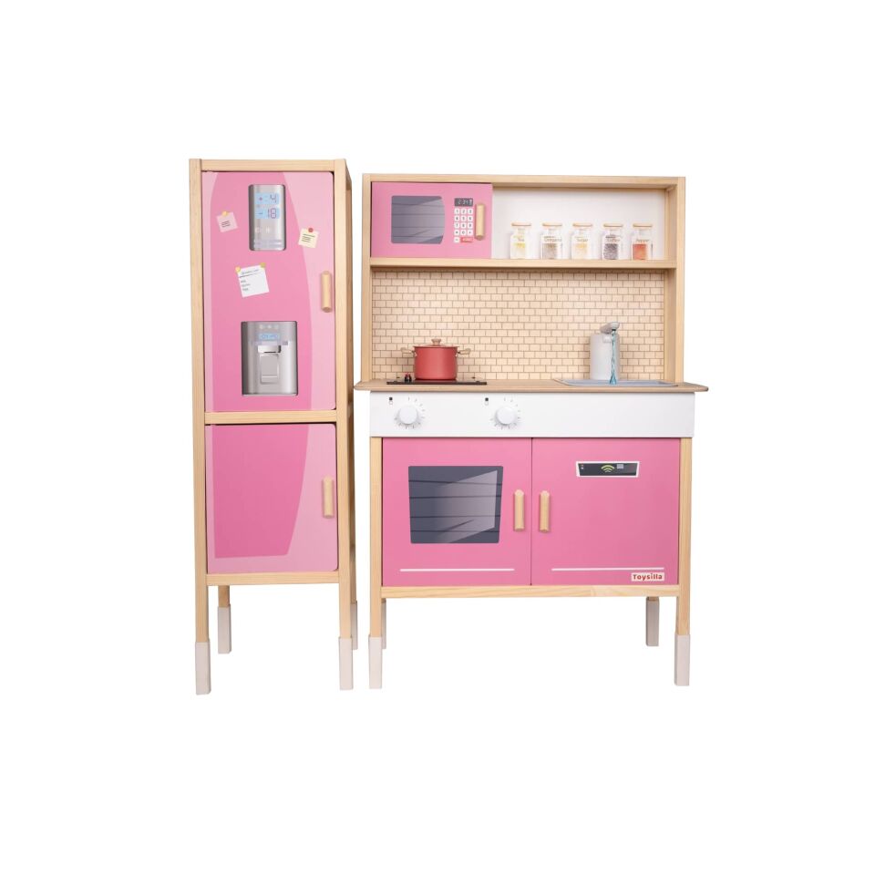 T1039 Ahşap Buzdolaplı Sulu Mutfak - Pembe