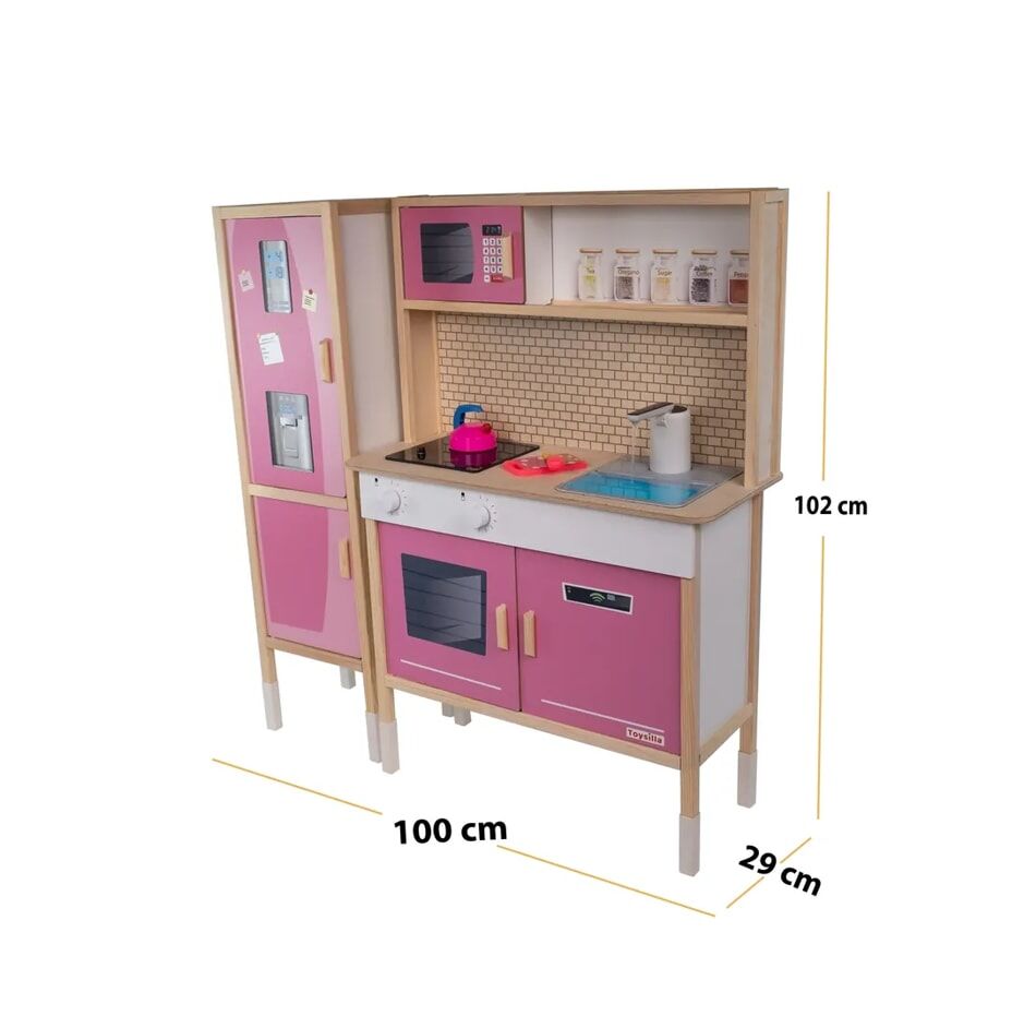 T1039 Ahşap Buzdolaplı Sulu Mutfak - Pembe