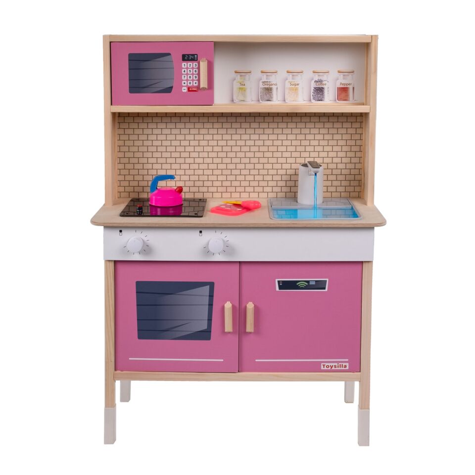 T1039 Ahşap Buzdolaplı Sulu Mutfak - Pembe