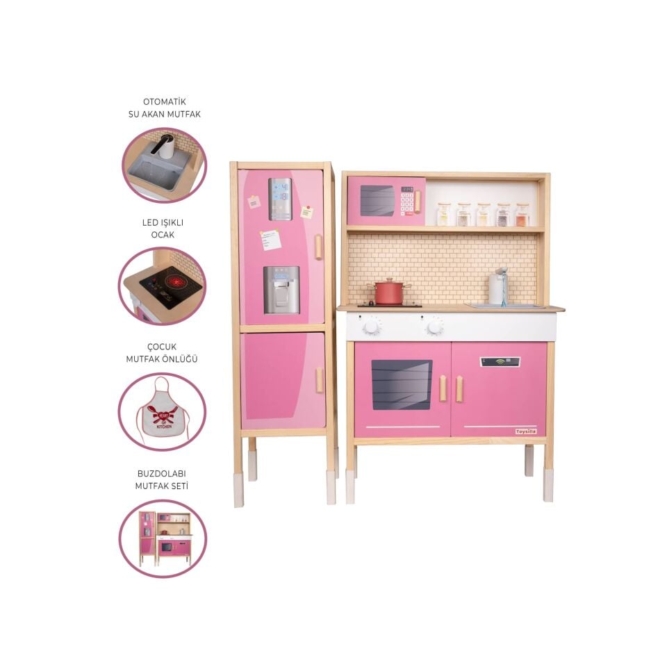 T1039 Ahşap Buzdolaplı Sulu Mutfak - Pembe