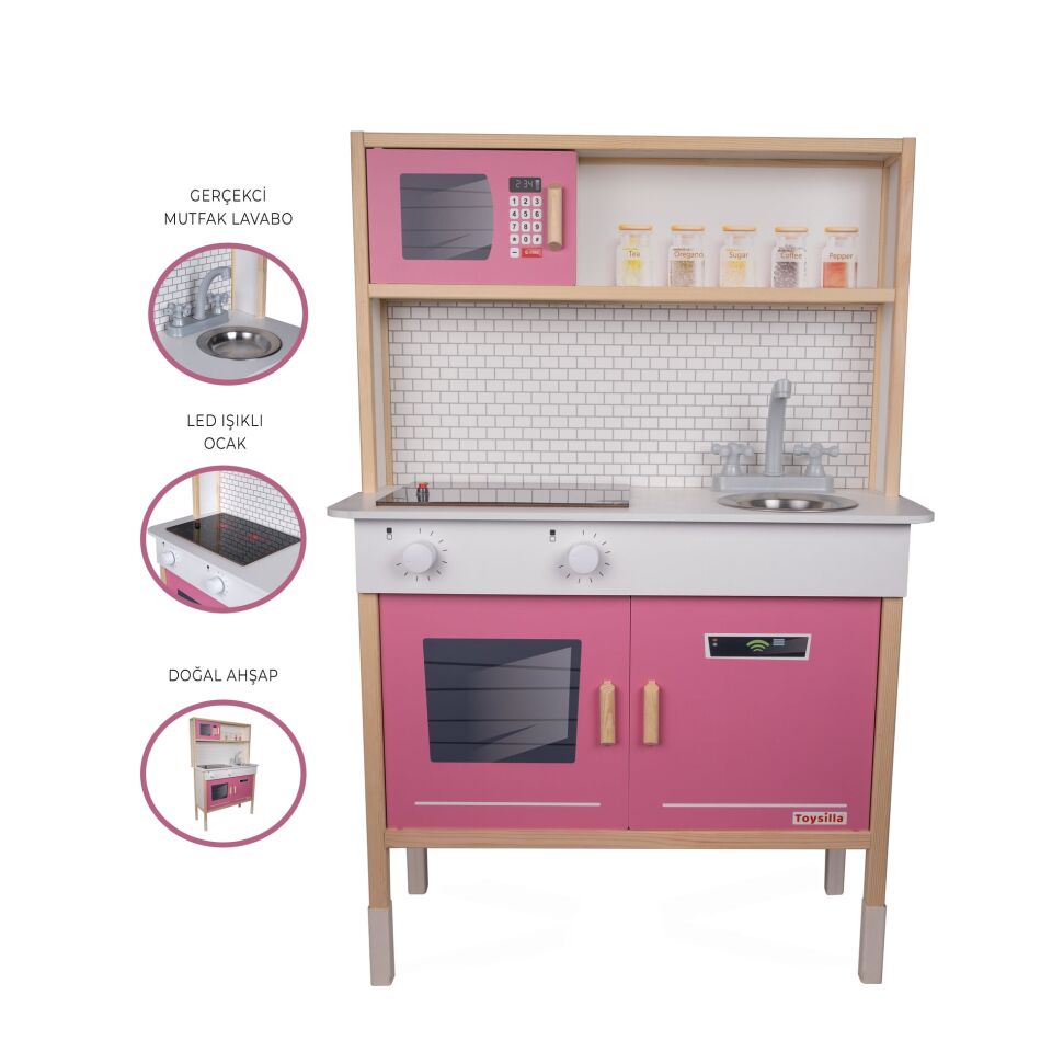 Toysilla Led'li Pembe Ahşap Çocuk Mutfak Seti T1033