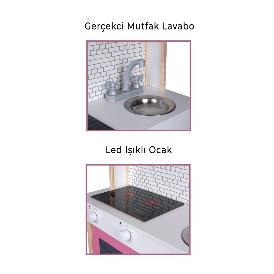 Toysilla Led'li Pembe Ahşap Çocuk Mutfak Seti T1033