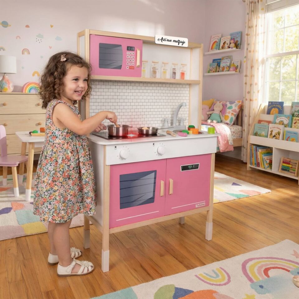 Toysilla Led'li Pembe Ahşap Çocuk Mutfak Seti T1033