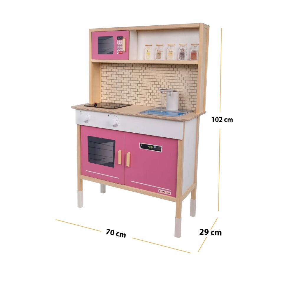 Toysilla Musluktan Su Akan Ve Led'li Pembe Ahşap Çocuk Mutfak Seti T1032