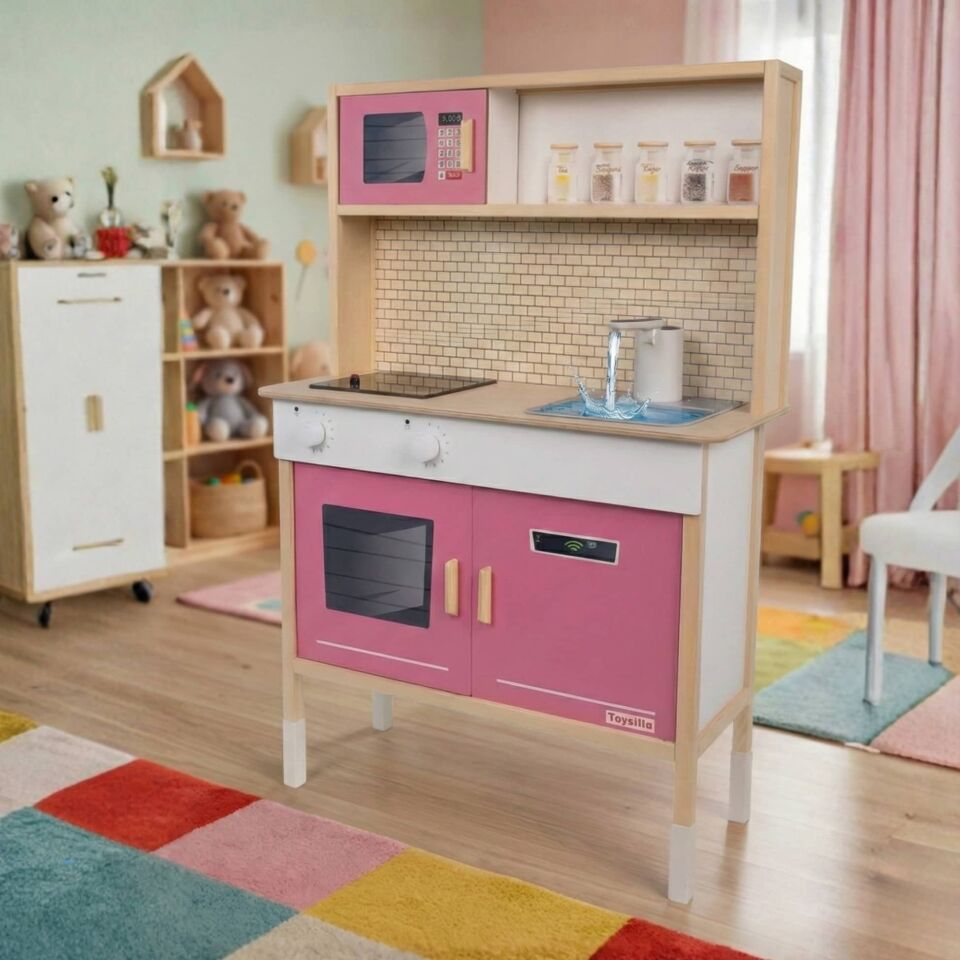 Toysilla Musluktan Su Akan Ve Led'li Pembe Ahşap Çocuk Mutfak Seti T1032
