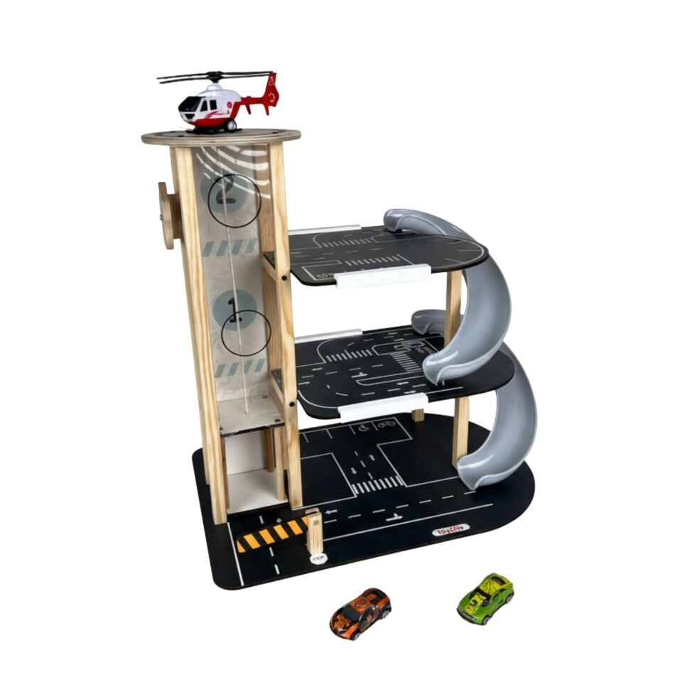 Toysilla Ahşap 3 Katlı Asansörlü ve Kaydıraklı Çocuk Oyun Otopark Garajı - T3013