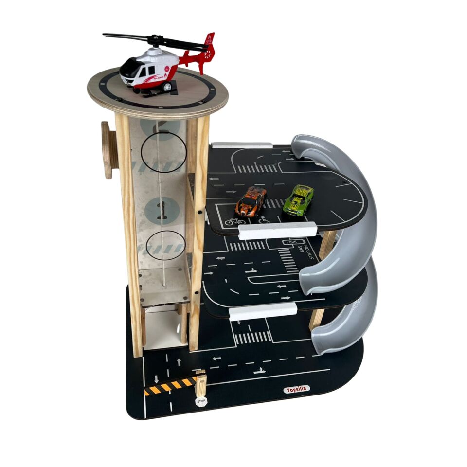Toysilla Ahşap 3 Katlı Asansörlü ve Kaydıraklı Çocuk Oyun Otopark Garajı - T3013
