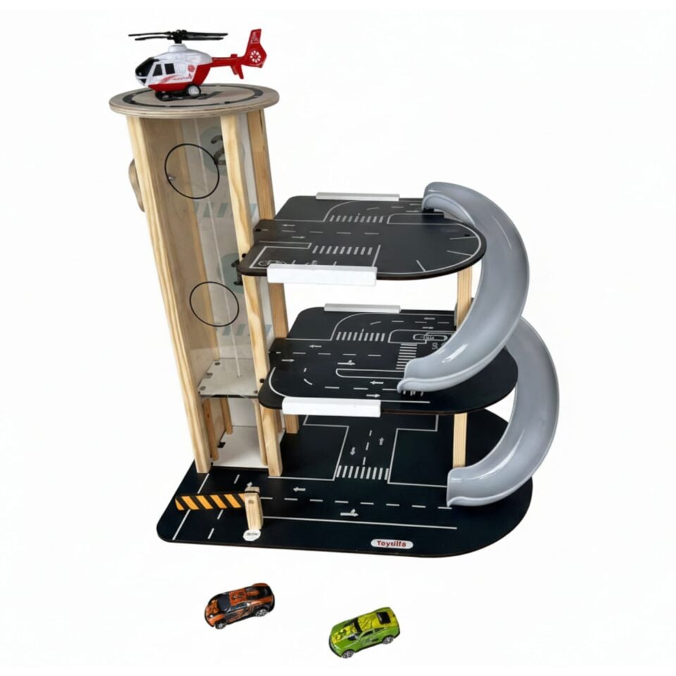 Toysilla Ahşap 3 Katlı Asansörlü ve Kaydıraklı Çocuk Oyun Otopark Garajı - T3013
