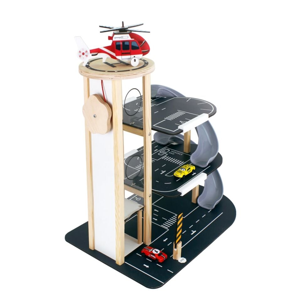 Toysilla Ahşap 3 Katlı Asansörlü ve Kaydıraklı Çocuk Oyun Otopark Garajı - T3013