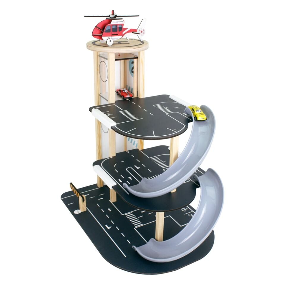 Toysilla Ahşap 3 Katlı Asansörlü ve Kaydıraklı Çocuk Oyun Otopark Garajı - T3013
