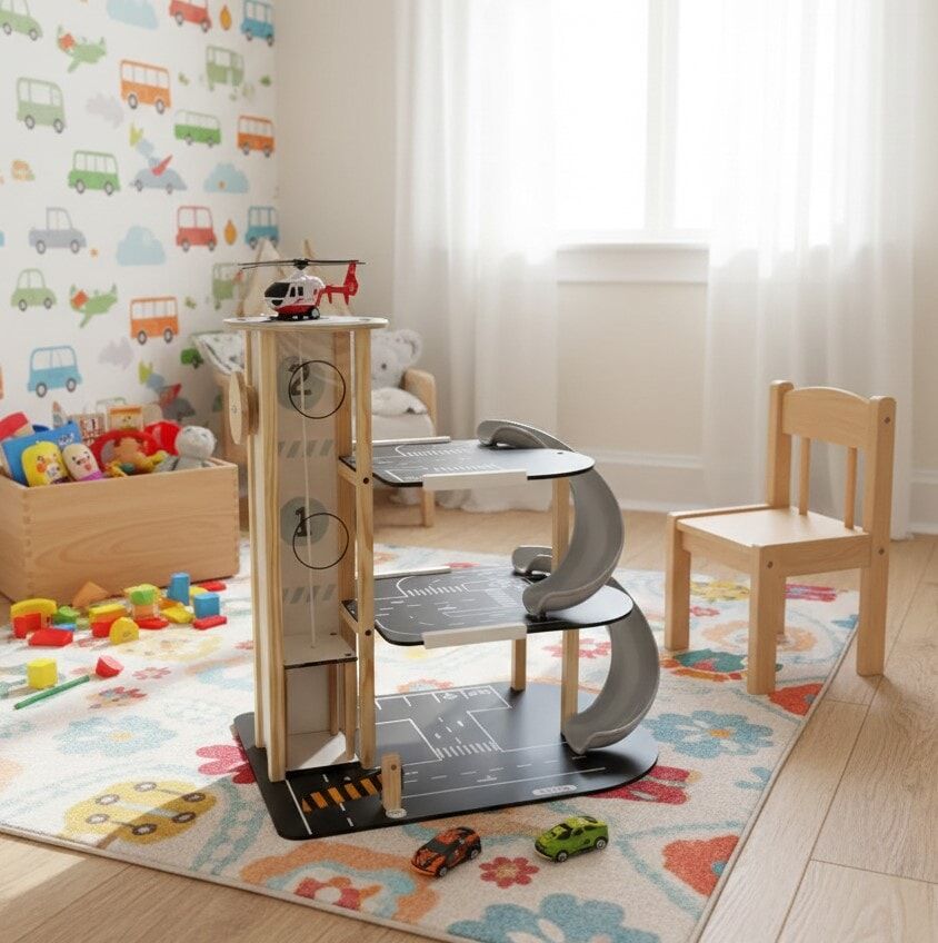 Toysilla Ahşap 3 Katlı Asansörlü ve Kaydıraklı Çocuk Oyun Otopark Garajı - T3013